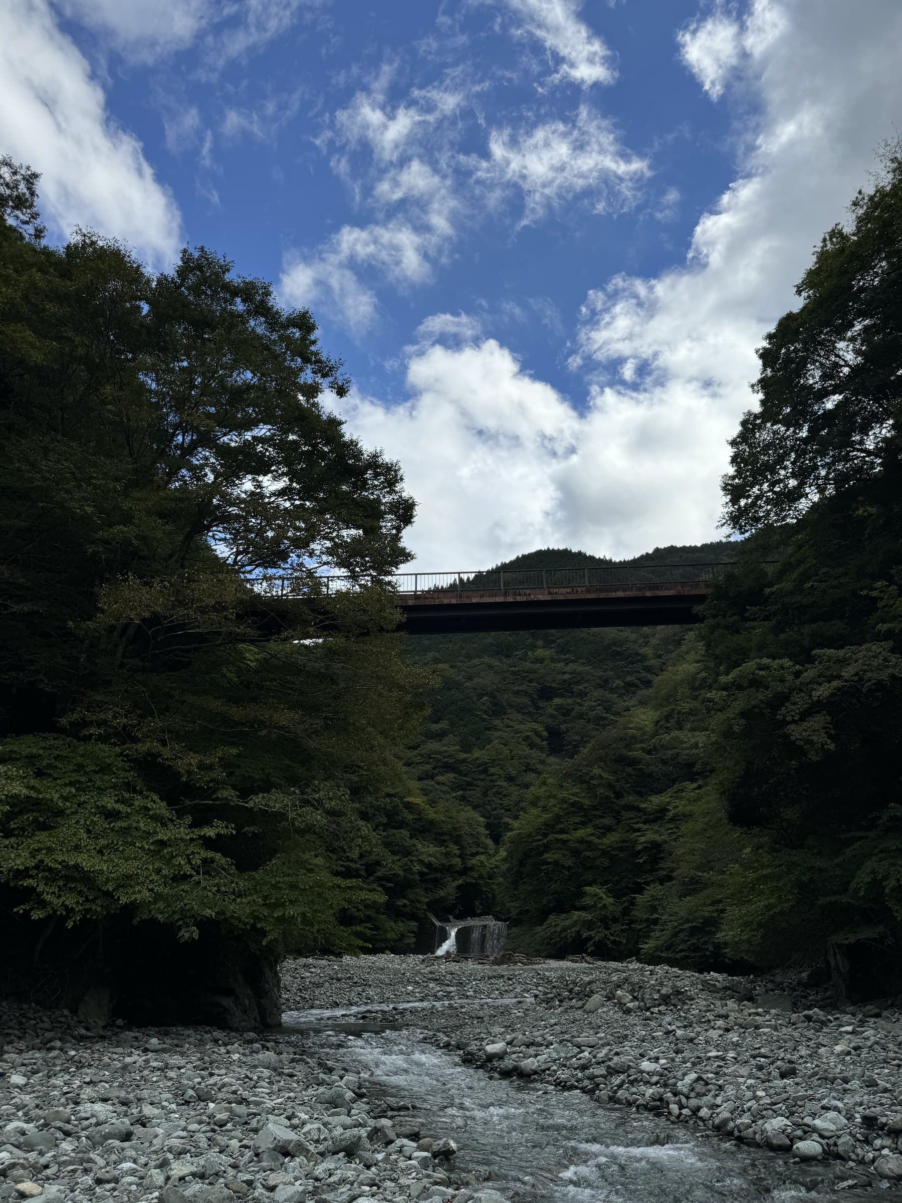 藤野の渓流にかかる橋。両岸に迫る森と河原の石